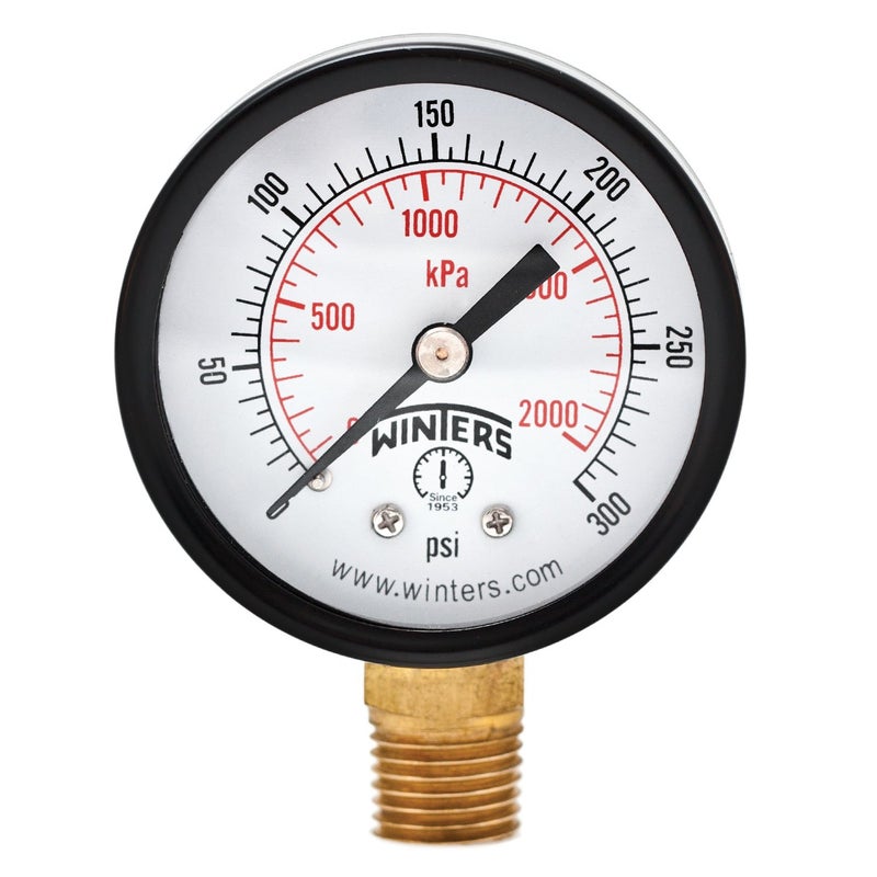 Winters 2 inch Dial Size, Multi Function Economy Utility Dry Pressure Gauge, Brass Internals, Black Steel Case, Dual Scale 0-300 psi/kPa, 3-2-3% Accuracy, 1/4 inch NPT Bottom Mount, Pressure Gauge